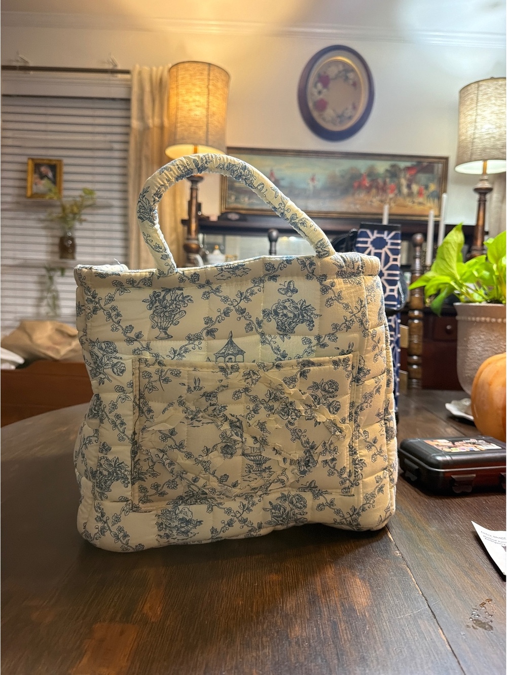 Emmafy Quilted Fabric Tote Bag with Blue Floral and Gingham Pattern
